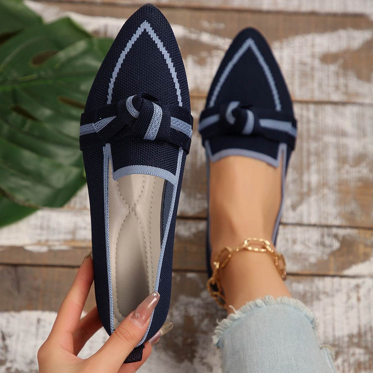Bow Contrast Trim Point Toe Loafers - Hovatok