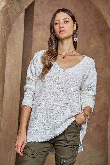 ADORA High-Low Side Slit V-Neck Sweater - Hovatok