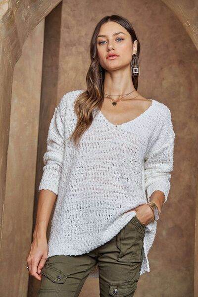 ADORA High-Low Side Slit V-Neck Sweater - Hovatok