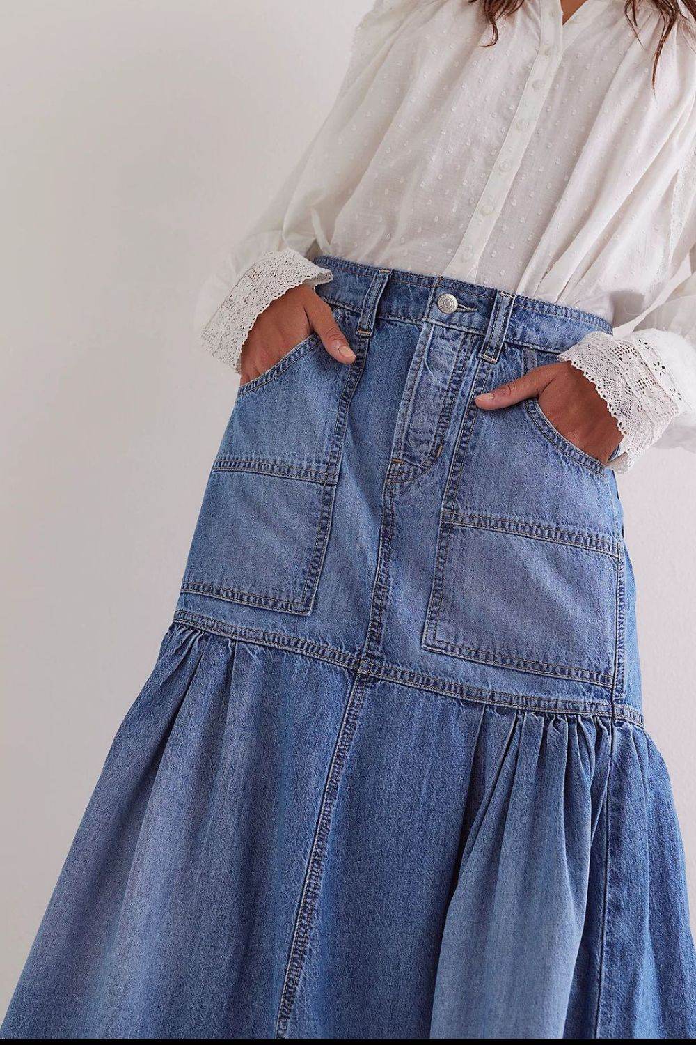 Midi Denim Skirt with Pockets - Hovatok
