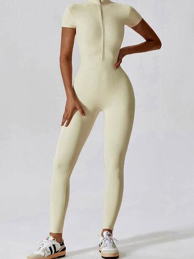Basic Bae Half Zip Short Sleeve Active Jumpsuit - Hovatok