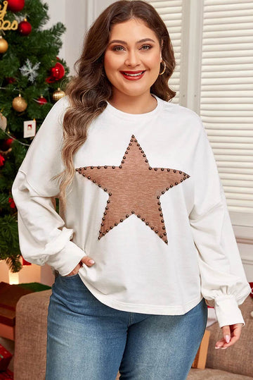Plus Size Studded Star Round Neck Long Sleeve Blouse - Hovatok
