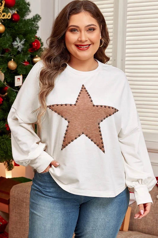 Plus Size Studded Star Round Neck Long Sleeve Blouse - Hovatok