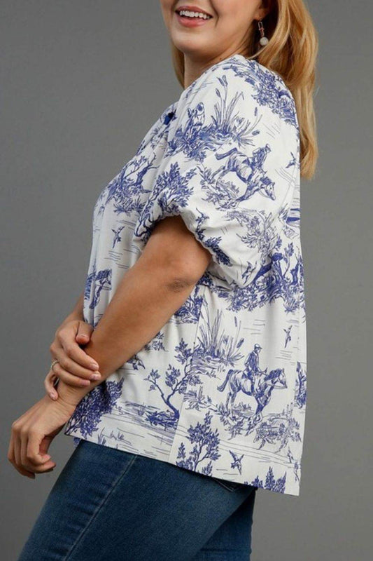 Umgee Full Size Two Tone Landscape Round Neck Print Top Plus Size - Hovatok