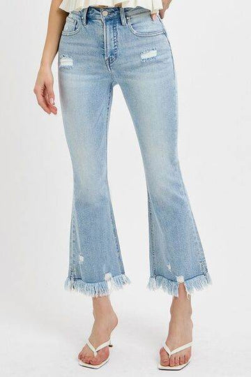 RISEN Full Size Raw Hem Distressed Cropped Flare Jeans Plus Size - Hovatok