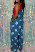 Star Print Buttoned Strap Wide Leg Denim Overalls - Hovatok