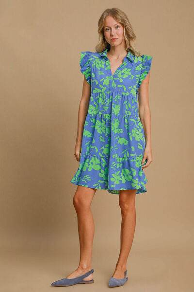 Umgee Full Size Floral Print Ruffle Cap Sleeve Tiered Dress Plus Size - Hovatok