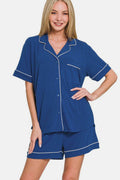 Zenana Button Down Short Sleeve Top and Shorts Lounge Set - Hovatok