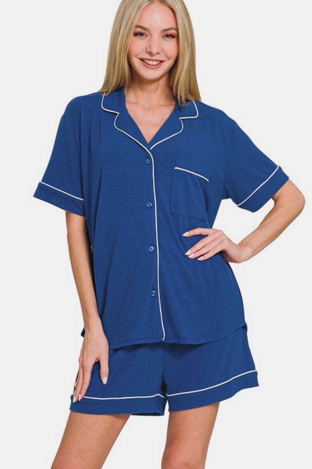 Zenana Button Down Short Sleeve Top and Shorts Lounge Set - Hovatok