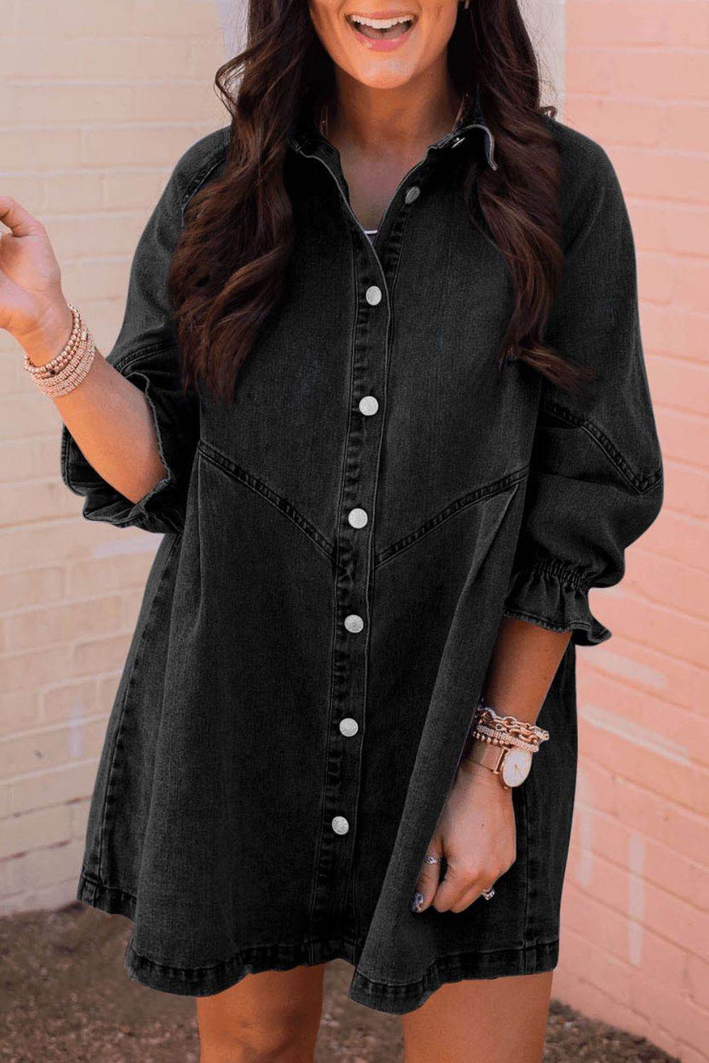Distressed Collared Neck Flounce Sleeve Denim Dress - Hovatok