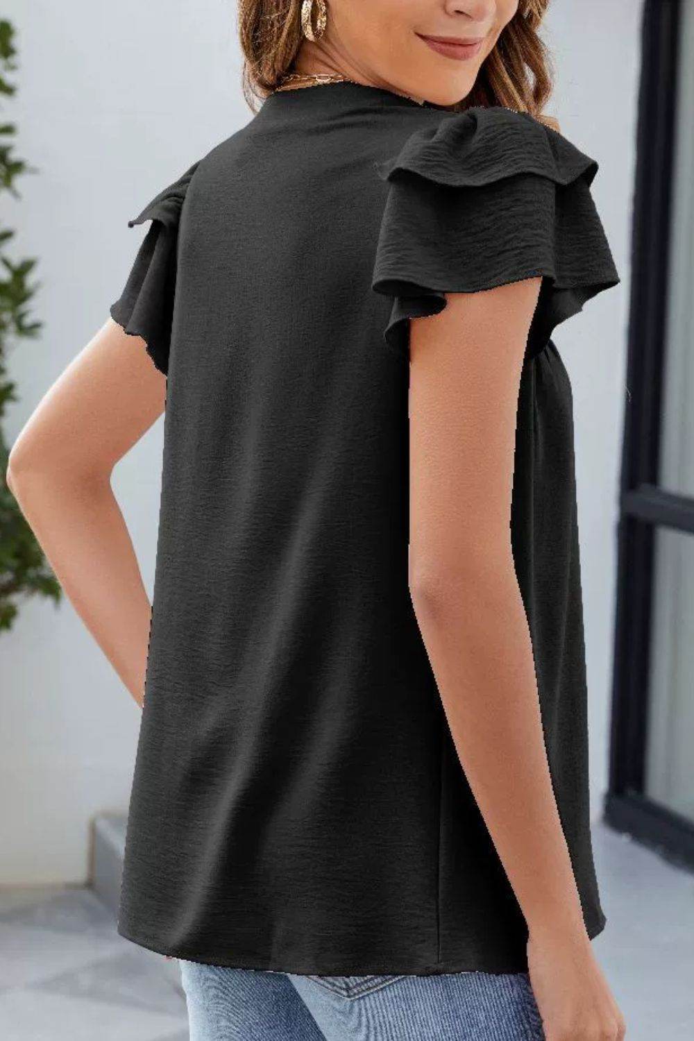 Ruffled Notched Short Sleeve Blouse - Hovatok