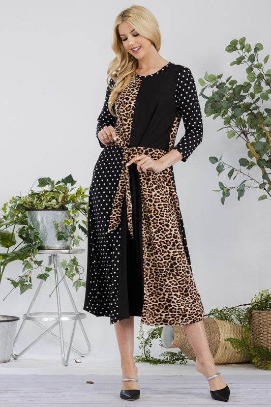 Celeste Full Size Multi Pattern Front Tie Midi Dress Plus Size - Hovatok
