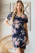 Heimish Full Size Ruched Floral Mini Dress Plus Size - Hovatok