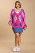 Umgee Full Size Argyle Pattern V-Neck Button Front Cardigan Plus Size - Hovatok