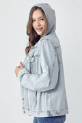 RISEN Full Size Distressed Drawstring Hooded Denim Jacket - Hovatok