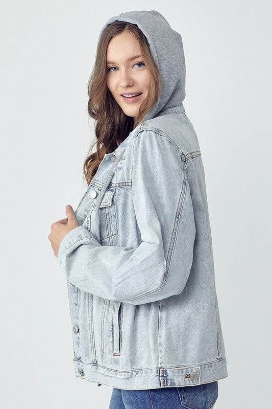RISEN Full Size Distressed Drawstring Hooded Denim Jacket - Hovatok