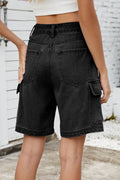 High Rise Denim Shorts with Cargo Pockets - Hovatok