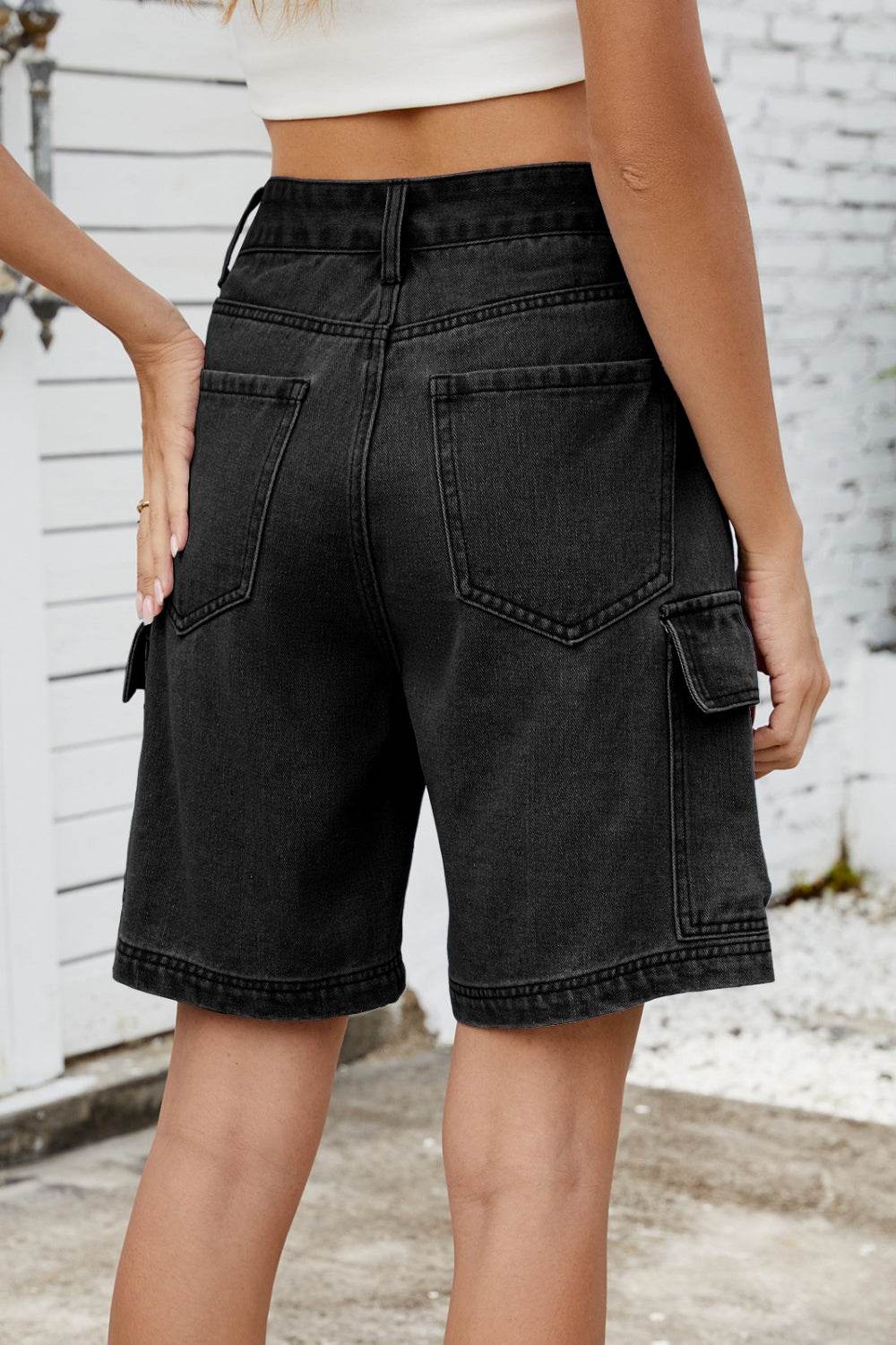High Rise Denim Shorts with Cargo Pockets - Hovatok