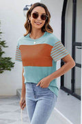 Color Block Round Neck Short Sleeve T-Shirt - Hovatok