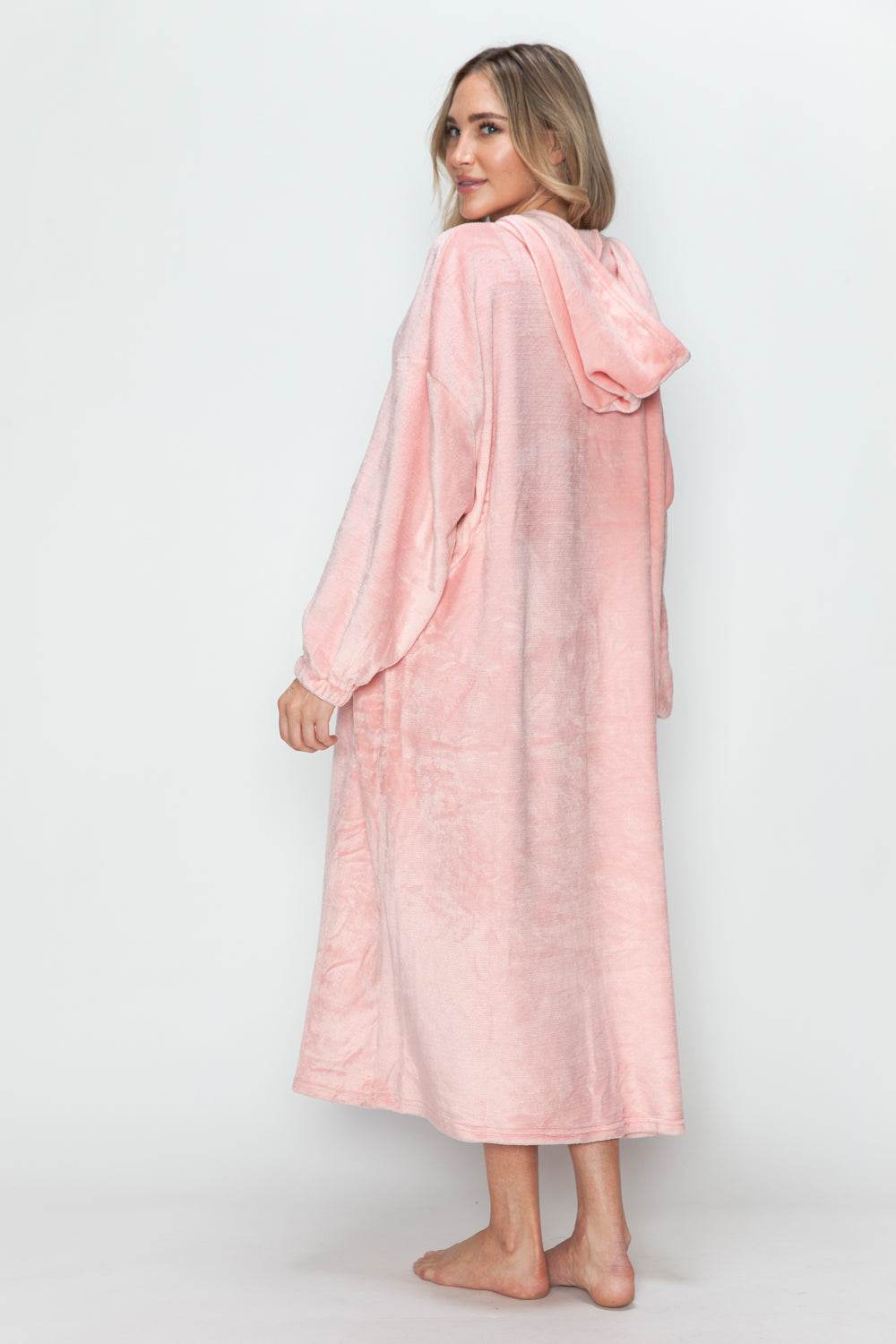 Double Take Full Size Pocketed Hooded Midi Lounge Dress - Hovatok