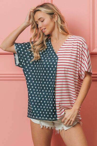 BiBi US Flag Themed Color Block Short Sleeve T-Shirt - Hovatok