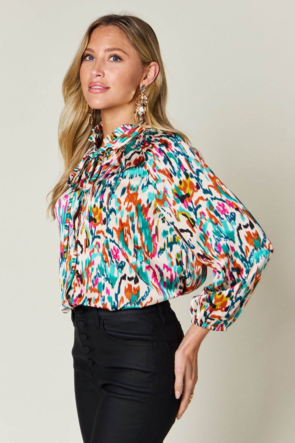 Double Take Full Size Printed Button Up Long Sleeve Shirt - Hovatok