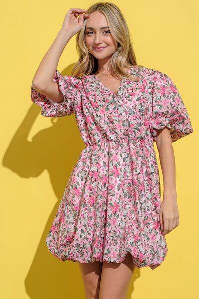 And The Why Full Size Floral Surplice Puff Sleeve Dress - Hovatok