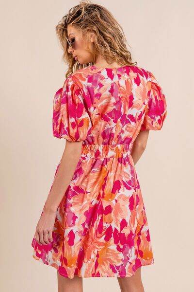 BiBi Floral V-Neck Puff Sleeve Mini Dress - Hovatok