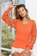 BiBi Round Neck Crochet Lace Sleeve Knit Top - Hovatok