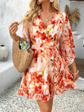 Devine Printed Surplice Ruffled 3/4 Sleeve Mini Dress - Hovatok