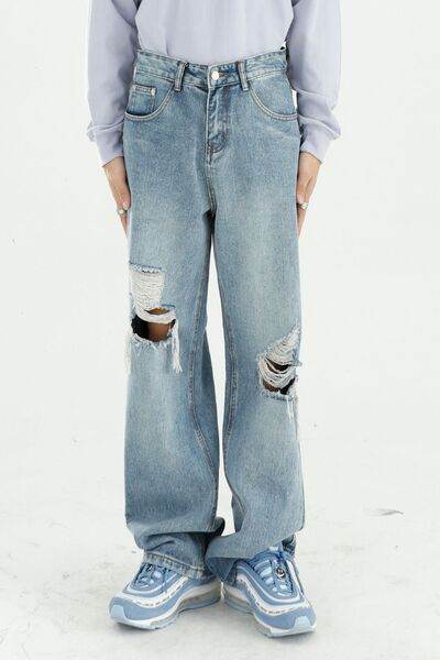 Distressed Wide Leg Jeans with Pockets - Hovatok