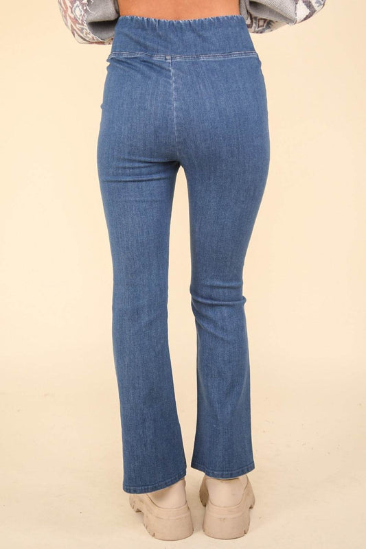 VERY J Washed Denim Stretchy Crossover Waist Leggings - Hovatok