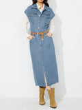 Slit Half Button Collared Neck Cap Sleeve Denim Dress - Hovatok