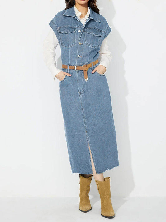 Slit Half Button Collared Neck Cap Sleeve Denim Dress - Hovatok