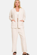 Zenana Quilted Button Up Long Sleeve Top and Pants Lounge Set - Hovatok