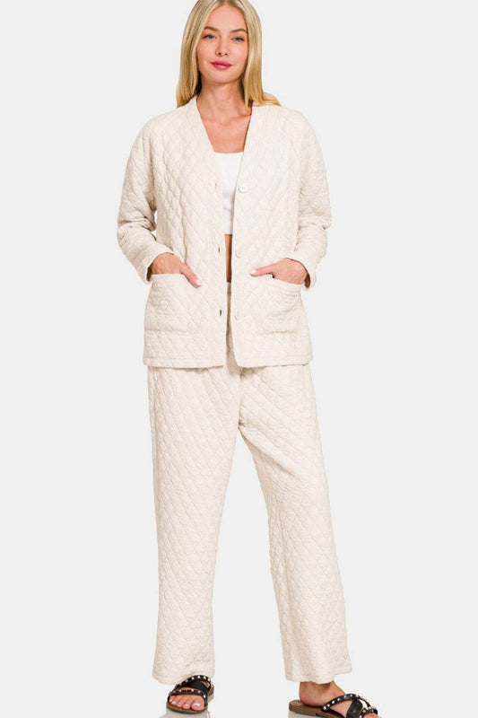 Zenana Quilted Button Up Long Sleeve Top and Pants Lounge Set - Hovatok