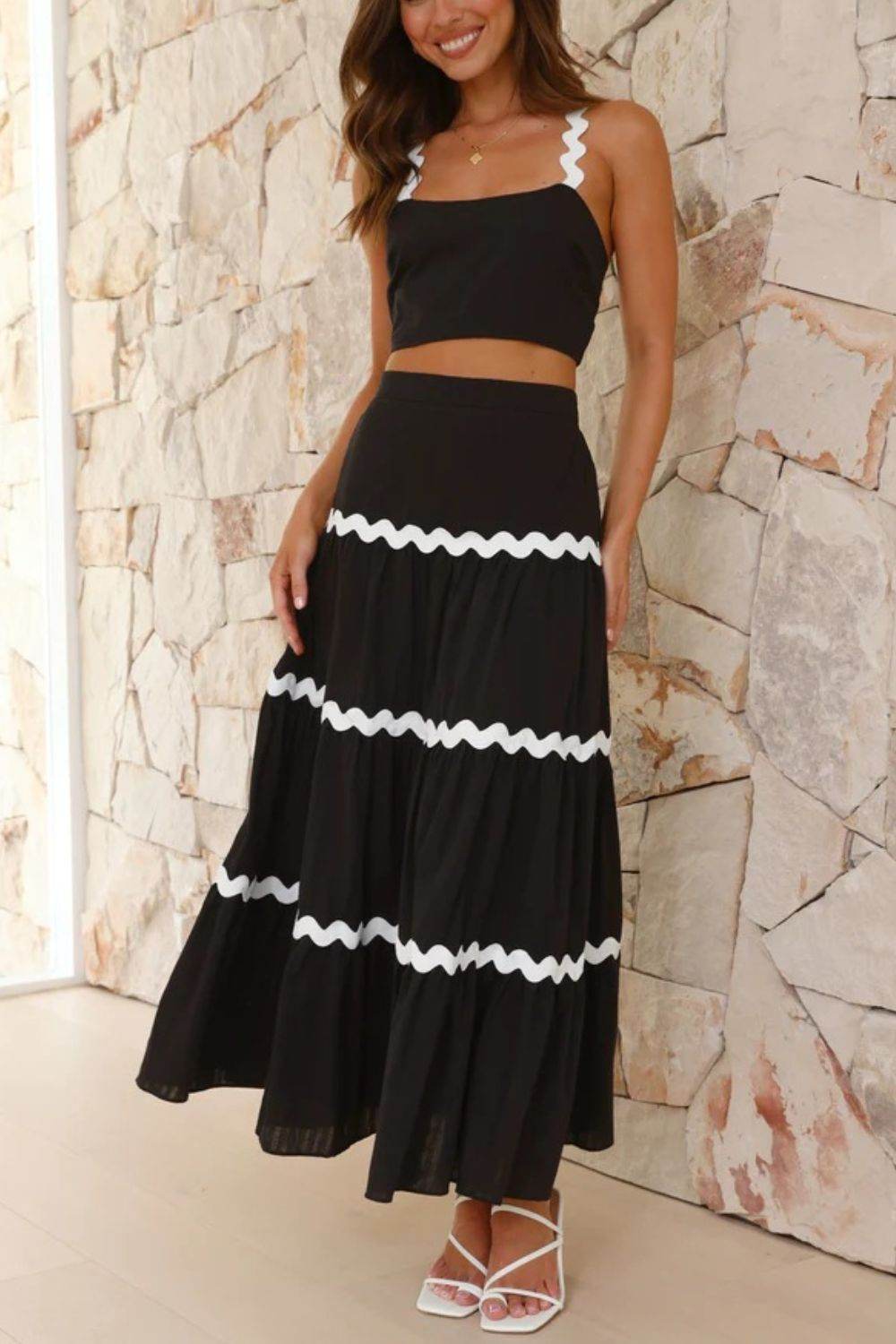 Contrast Trim Cami and Maxi Skirt Set - Hovatok