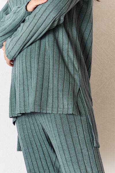 Basic Bae Full Size Ribbed Round Neck High-Low Slit Top and Pants Set - Hovatok