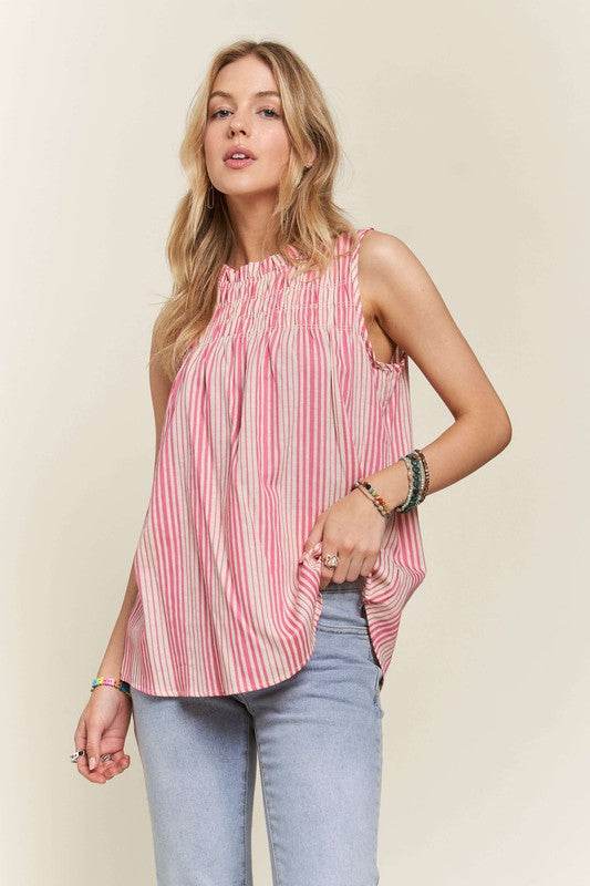 ADORA Contrast Striped Frill Round Neck Sleeveless Top - Hovatok