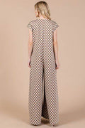 Ces Femme Checkered Half Button Cap Sleeve Jumpsuit - Hovatok