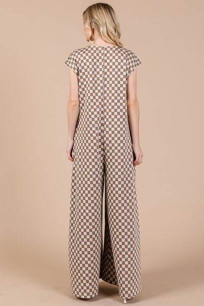 Ces Femme Checkered Half Button Cap Sleeve Jumpsuit - Hovatok