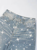Washed Rhinestone Star Print Jeans - Hovatok