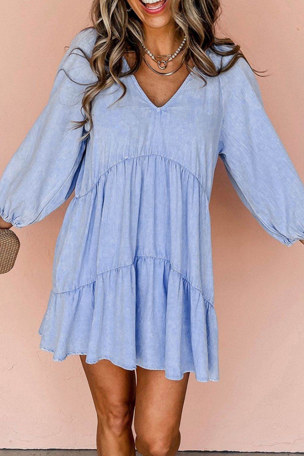 V-Neck Tiered Ruffled Hem Mini Dress - Hovatok