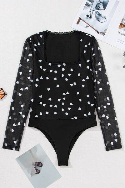 Heart Square Neck Long Sleeve Bodysuit - Hovatok