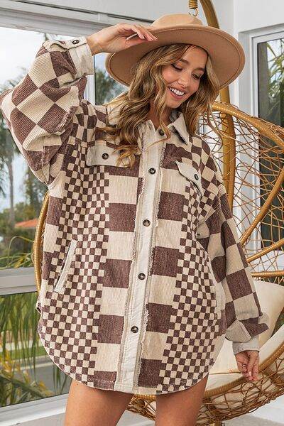 BiBi Checkered Button Down Corduroy Shacket - Hovatok