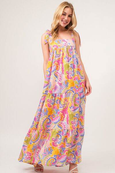 And The Why Full Size Printed Tie Shoulder Tiered Maxi Dress - Hovatok