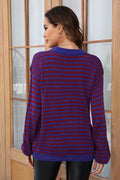 Angel Wings Striped Round Neck Dropped Shoulder Sweater - Hovatok