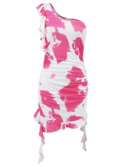 Ruffled Tie-Dye Single Shoulder Mini Dress - Hovatok
