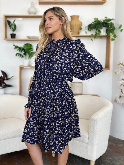 Double Take Full Size Printed Ruffle Hem Long Sleeve Tiered Dress - Hovatok
