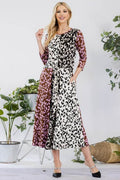Celeste Full Size Leopard Color Block Front Tie Midi Dress Plus Size - Hovatok
